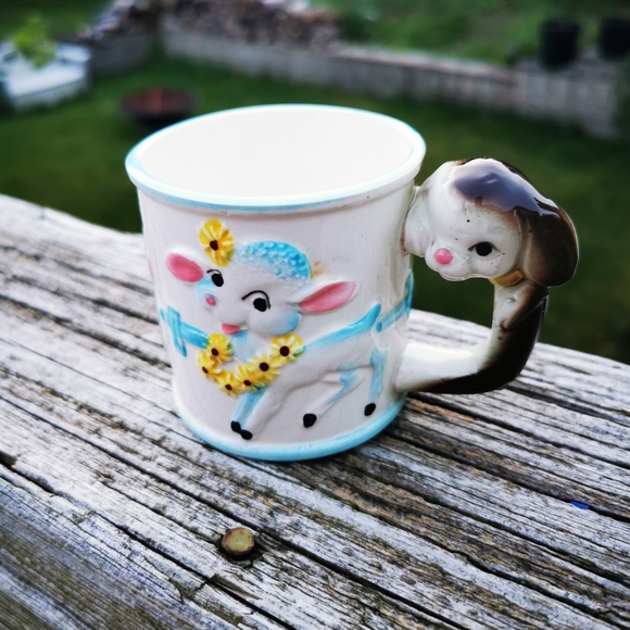 Vintage Ceramic Child's Cup with Lamb Cat Dog and Bunny Handle - Picture 9 of 12